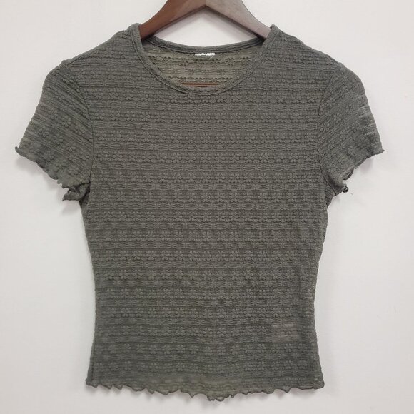 Womens Forest Fairy Floral Mesh Short Sleeve Top Size M Green Lettuce Hem Sheer - Picture 1 of 10